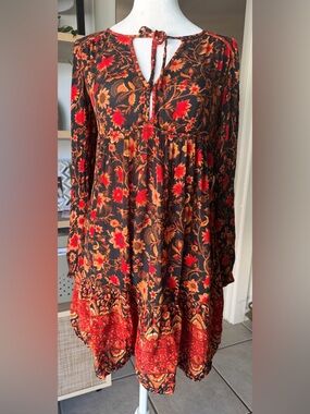 Billabong Boho Floral Tunic Dress Small Black Red Fall Babydoll